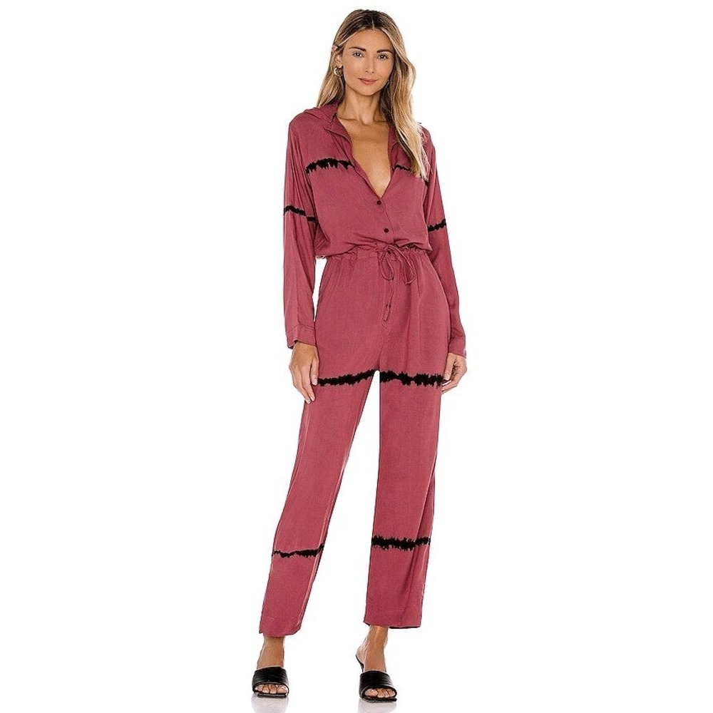 S/W/F Revolve Rose Pink Black Tie Dye Long Resort Sleeve Wide Leg Jumpsuit Large